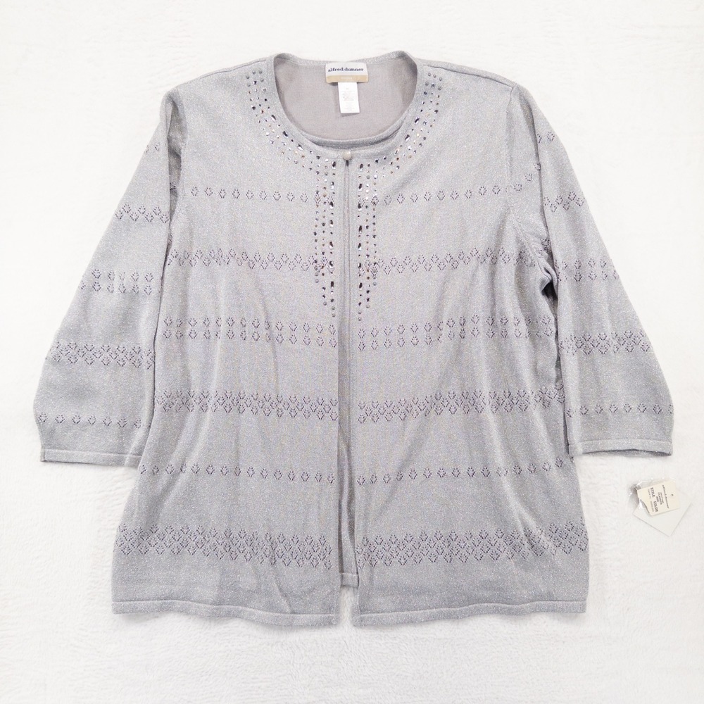 Alfred Dunner Sweater 2X Gray Silver Metallic Embellished Pointelle Layered Look